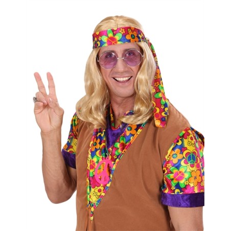 PERRUQUE HIPPIE CHEVEUX LONGS BLONDS AVEC BANDEAU FLEUR