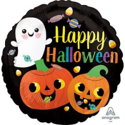 BALLON METALLIQUE ROND HAPPY HALLOWEEN FANTOME ET CITROUILLE 46 CM
