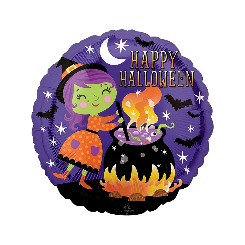 BALLON METALLIQUE ROND HAPPY HALLOWEEN SORCIERE ET CHAUDRON 46 CM