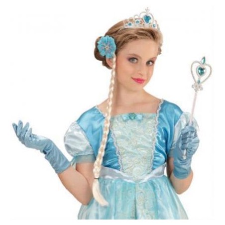 SET DE PRINCESSE DES NEIGES BLEUE GANTS, DIADEME, NATTE ET BAGUETTE
