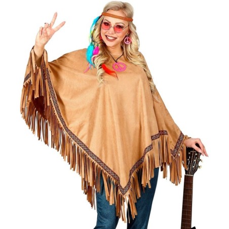 DEGUISEMENT PONCHO ASPECT DAIM MARRON WESTERN INDIEN OU PEACE AND LOVE