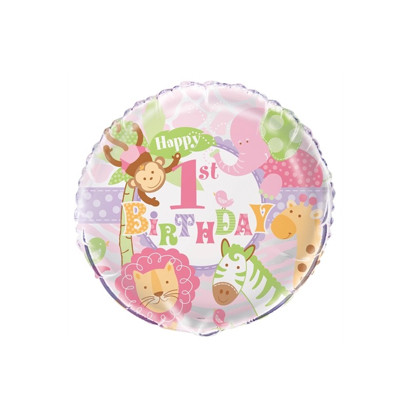 BALLON METALLIQUE  ROND 1ST BIRTHDAY ANIMAUX 45 CM 