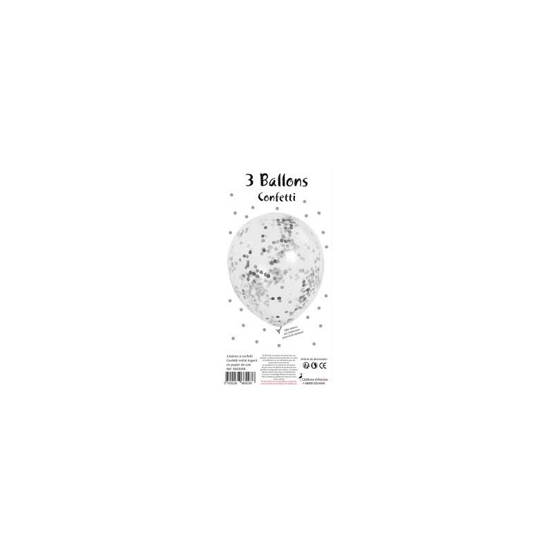 SACHET DE 3 BALLONS CONFETTIS ARGENT 2.5CM