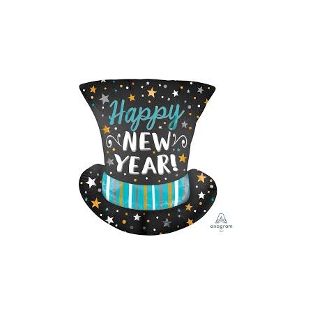 BALLON METALLIQUE CHAPEAU HAUT DE FORME HAPPY NEW YEAR 60 CM 