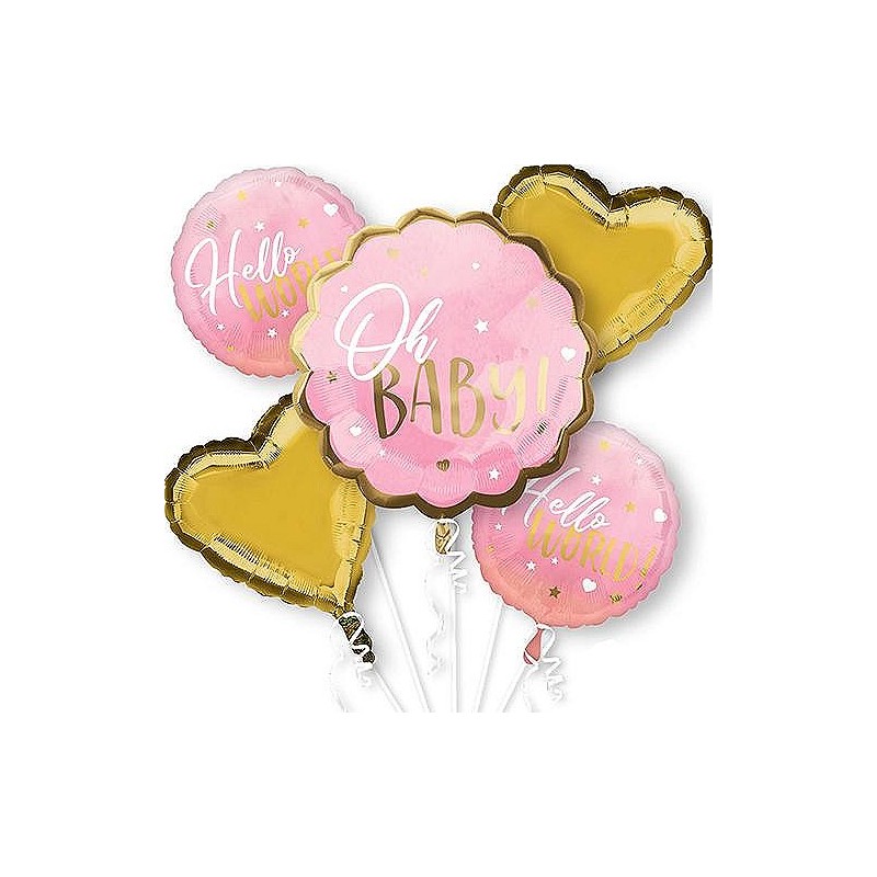 BOUQUET 5 BALLONS METALLIQUES OH BABY ROSE ET OR 
