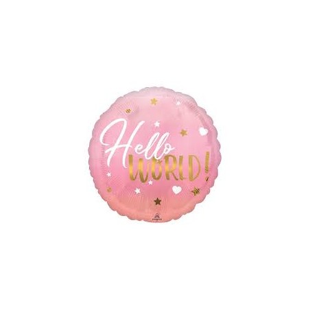 BALLON METALIQUE ROND HELLO WORLD ROSE 43 CM 