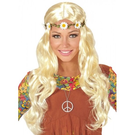 PERRUQUE HIPPIE OU MEDIEVALE LONGUE BLONDE AVEC BANDEAU MARGUERITE
