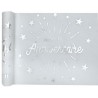 CHEMIN DE TABLE BLANC AVEC JOYEUX ANNNIVERSAIRE ARGENT 3 METRES 