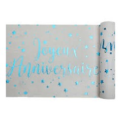 CHEMIN DE TABLE JOYEUX ANNIVERSAIRE BLANC ET BLEU 3 METRES