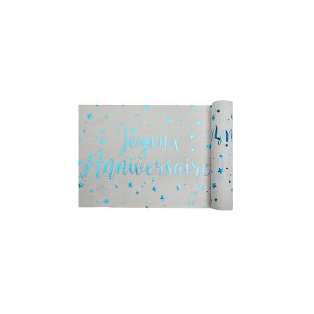 CHEMIN DE TABLE JOYEUX ANNIVERSAIRE BLANC ET BLEU 3 METRES