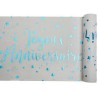 CHEMIN DE TABLE JOYEUX ANNIVERSAIRE BLANC ET BLEU 3 METRES