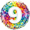 BALLON METALLIQUE ROND CONFETTIS MULTICOULEUR CHIFFRE 9 18" 46 CM 