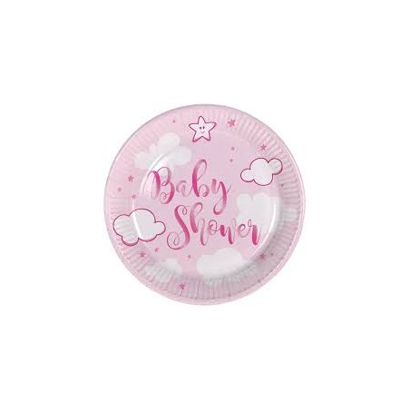 8 ASSIETTES RONDES ROSE BABY SHOWER NUAGES 18 CM