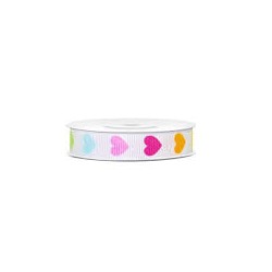 RUBAN TISSU BLANC AVEC COEURS MULTICOLORES IMPRIMES 12 MM X 10 M 