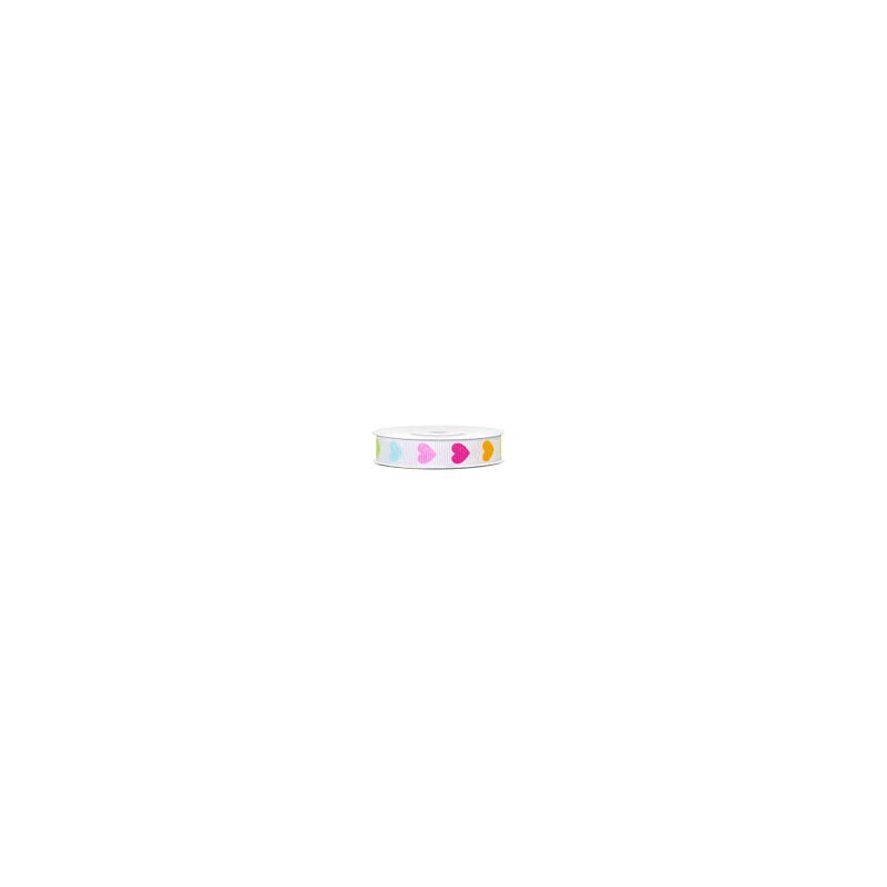RUBAN TISSU BLANC AVEC COEURS MULTICOLORES IMPRIMES 12 MM X 10 M 