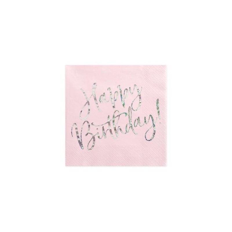 20 SERVIETTES ROSE POUDRE  HAPPY BIRTHDAY ARGENT 33 X 33 CM 