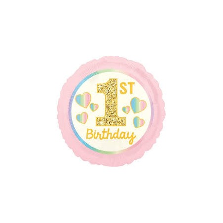 BALLON ROND METALLIQUE ROSE 1ST BIRTHDAY OR 43 CM