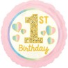 BALLON ROND METALLIQUE ROSE 1ST BIRTHDAY OR 43 CM