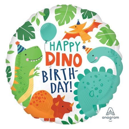 BALLON METALLIQUE ROND DINO HAPPY BIRTHDAY 43 CM 