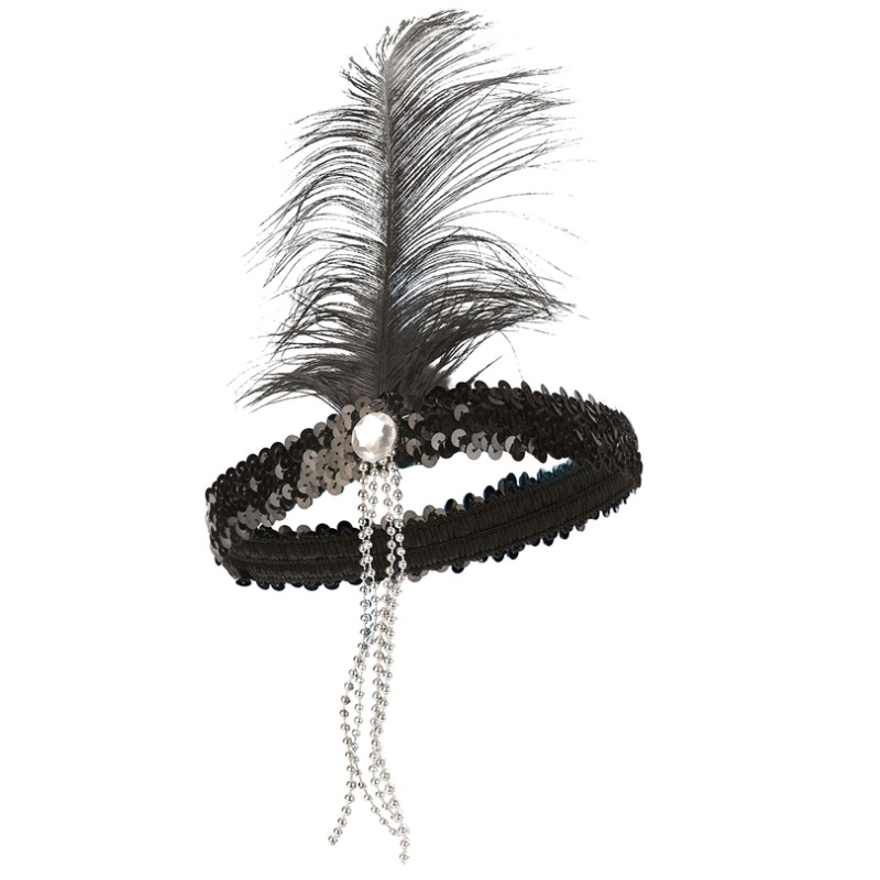 BANDEAU CHARLESTON NOIR AVEC PLUMES NOIR ET PERLE ARGENT BANDEAU CHARLESTON NOIR AVEC PLUMES NOIR ET PERLE ARGENT
