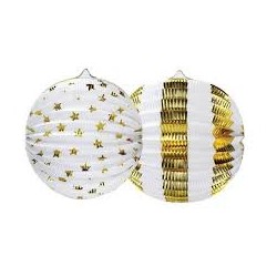 SET DE 2 LAMPIONS CARTON OR ET BLANC MOTIF ASSORTIS 25CM
