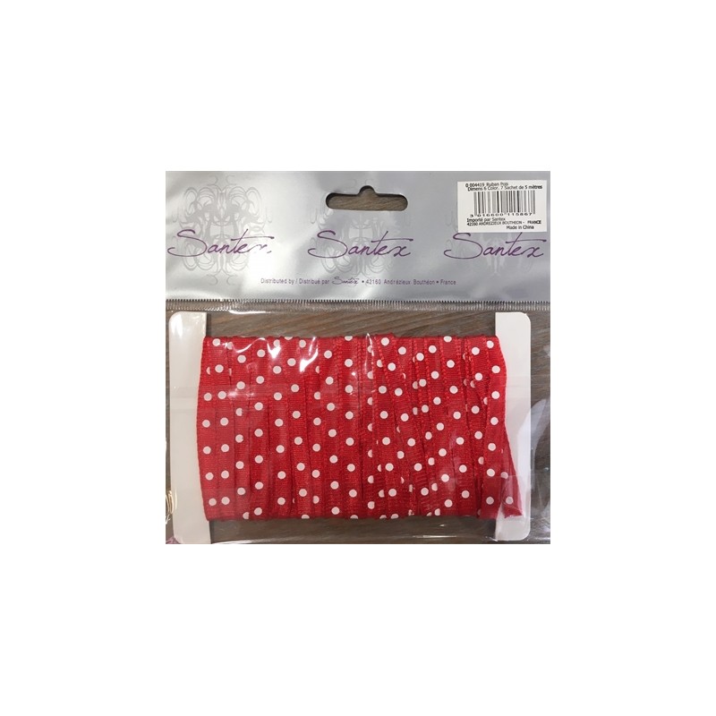 RUBAN ROUGE A POIS BLANC 6 MM 5 M