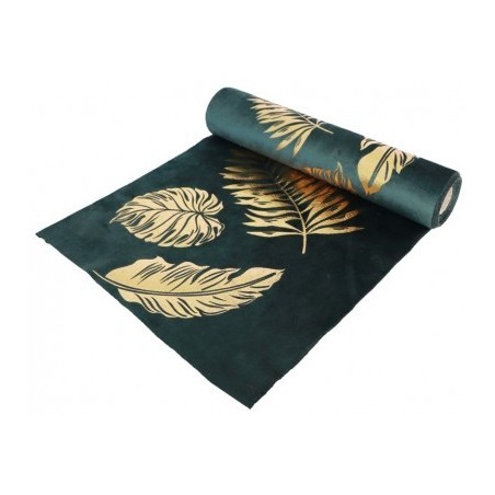 CHEMIN DE TABLE VELOURS VERT FEUILLES DOREES 