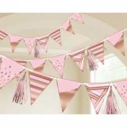 GUIRLANDE FANION PAPIER ROSE ET OR ANNIVERSAIRE 255 CM 