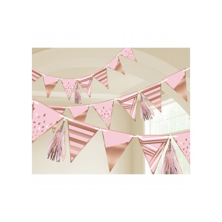 GUIRLANDE FANION PAPIER ROSE ET OR ANNIVERSAIRE 255 CM 