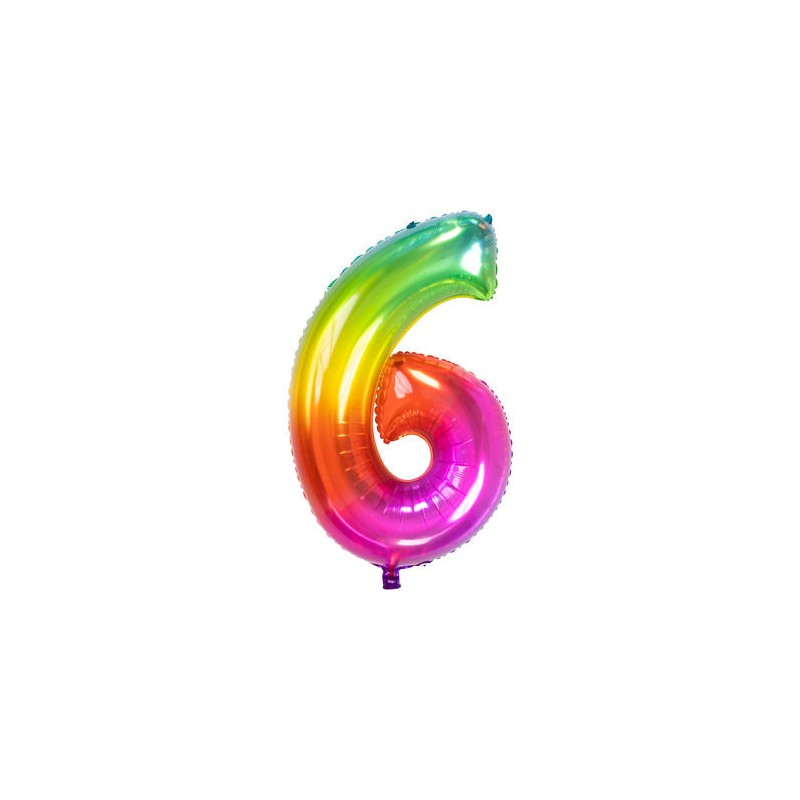 BALLON METALLIQUE CHIFFRE 6 ARC EN CIEL MULTICOLORE 86 CM
