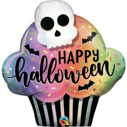 BALLON METALLIQUE CUP CAKE HAPPY HALLOWEEN TETE DE MORT 81 CM