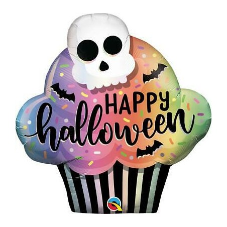 BALLON METALLIQUE CUP CAKE HAPPY HALLOWEEN TETE DE MORT 81 CM