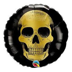 BALLON METALLIQUE ROND A L'AIR TETE DE MORT DOREE 9"