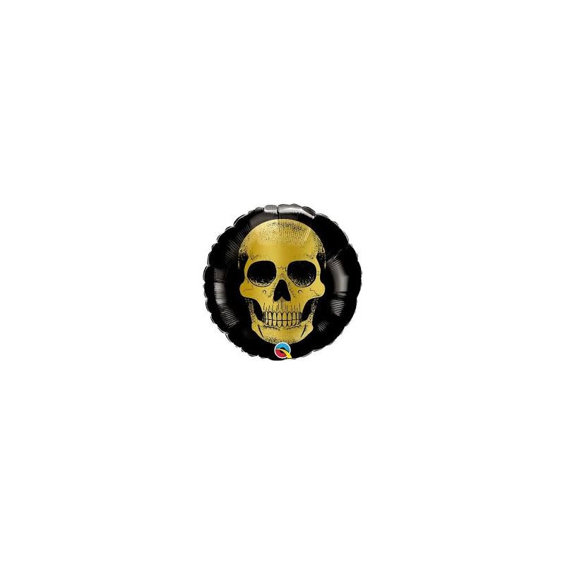 BALLON METALLIQUE ROND A L'AIR TETE DE MORT DOREE 9"
