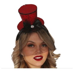 SERRE-TETE CHAPEAU HAUT DE FORME ROUGE PAILLETTE AVEC VOILE NOIR 