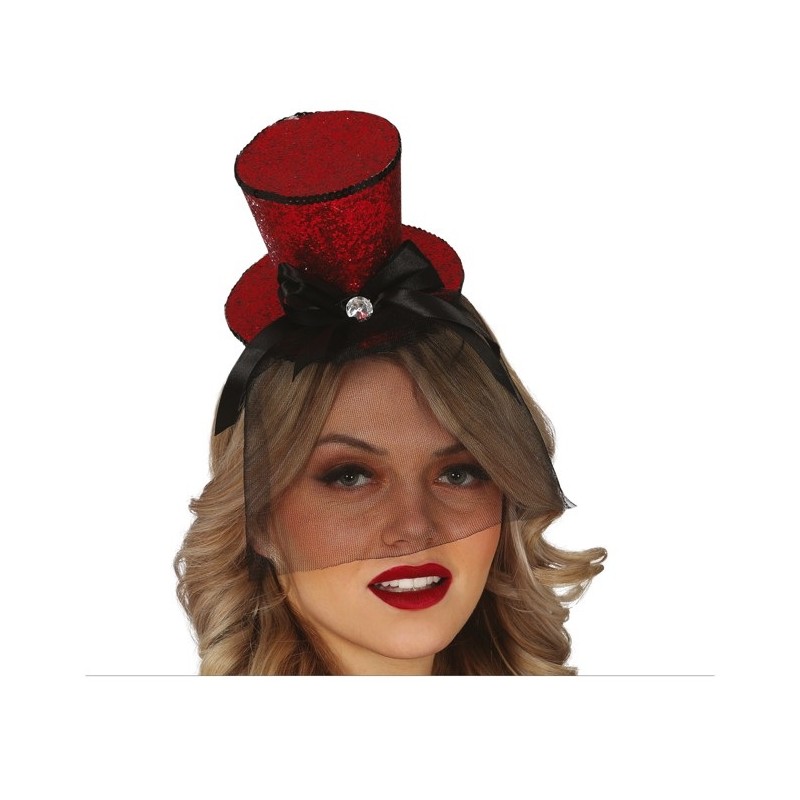 SERRE-TETE CHAPEAU HAUT DE FORME ROUGE PAILLETTE AVEC VOILE NOIR SERRE-TETE CHAPEAU HAUT DE FORME ROUGE PAILLETTE AVEC VOILE NOIR