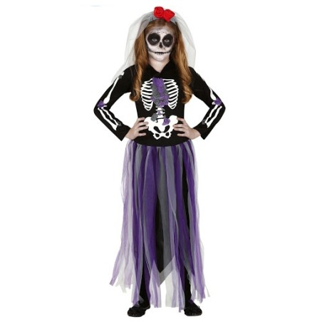 DEGUISEMENT HALLOWEEN ENFANT SQUELETTE ROBE VIOLET TAILLE 5-6 ANS 