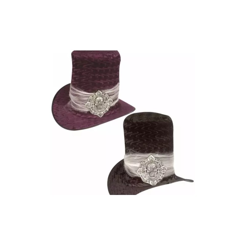 CHAPEAU HAUT DE FORME VELOUR NOIR OU VIOLET AVEC ECUSSON TETE DE MORT CHAPEAU HAUT DE FORME VELOUR NOIR OU VIOLET AVEC ECUSSON TETE DE MORT