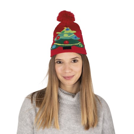 BONNET ADULTE ROUGE AVEC SAPIN DE NOEL LUMINEUX ( PILES INCLUSES)