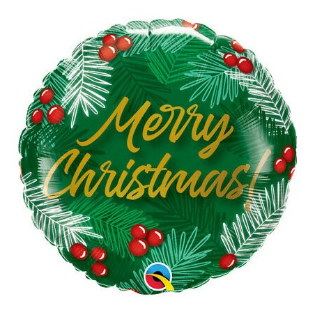BALLON METALLIQUE ROND MERRY CHRISTMAS ! VERT 9" 23 CM 