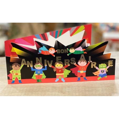 CARTE DOUBLE BON ANNIVERSAIRE THEME SUPER HEROS ENFANT 26 X 11 CM 