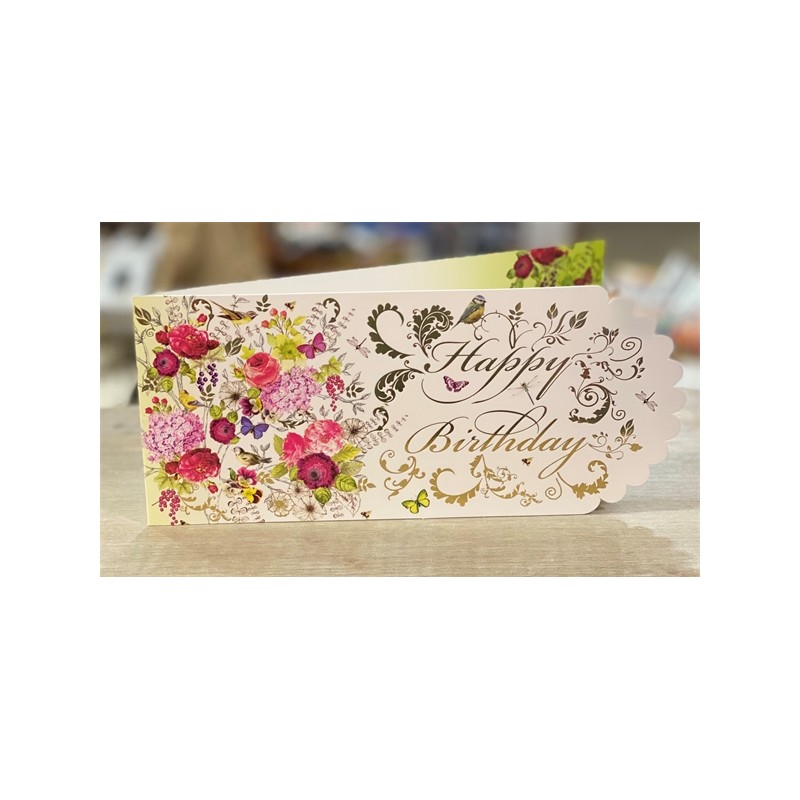 CARTE DOUBLE HAPPY BIRTHDAY FLEURS  26 X 11 CM 