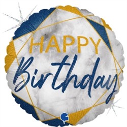 BALLON METALLIQUE ROND MARBLE  MATE BLEU  HAPPY BIRTHDAY 46 CM 