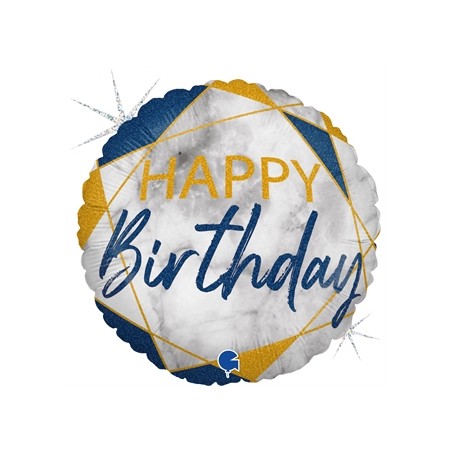 BALLON METALLIQUE ROND MARBLE  MATE BLEU  HAPPY BIRTHDAY 46 CM 