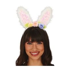 SERRE-TETE LAPIN BLANC AVEC PAILLETTE ET FLEURS