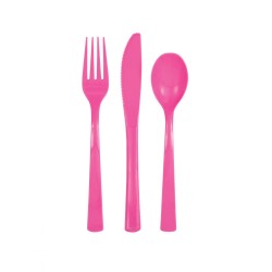18 COUVERTS PLASTIQUE ROSE 6 FOURCHETTES 6 COUTEAUX 6 CUILLERES