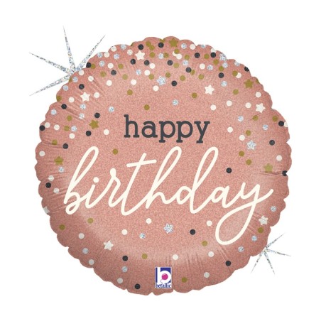 BALLON METALLIQUE ROND HAPPY BIRTHDAY ROSE GOLD 46 CM 