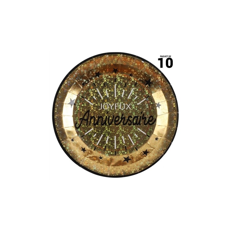 10 ASSIETTES OR JOYEUX ANNIVERSAIRE 23 CM