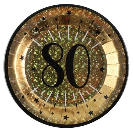10 ASSIETTES ROND ETINCELANT METAL OR 80 ANS NOIR 