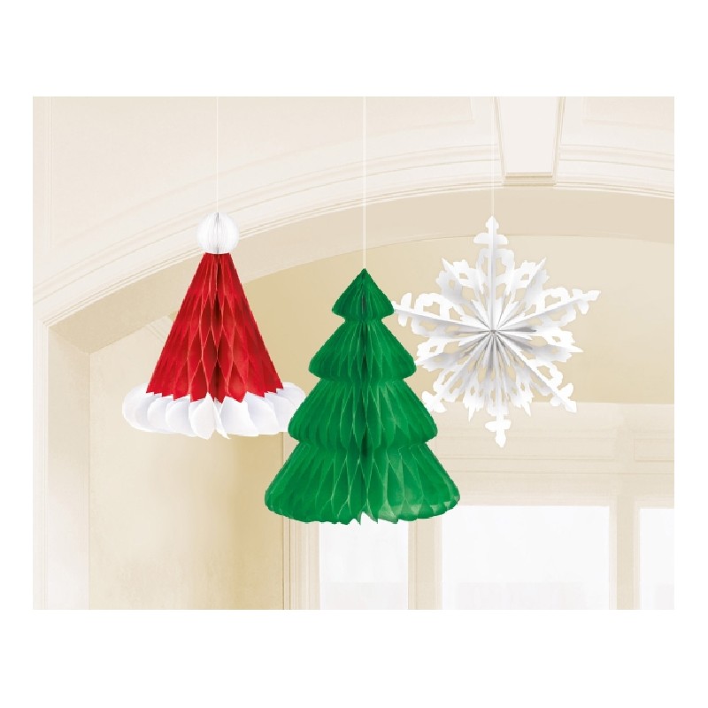 3 DECORATIONS ALVEOLE SAPIN, CHAPEAU DE NOEL ET ETOILE 35.5 CM 3 DECORATIONS ALVEOLE SAPIN, CHAPEAU DE NOEL ET ETOILE 35.5 CM
